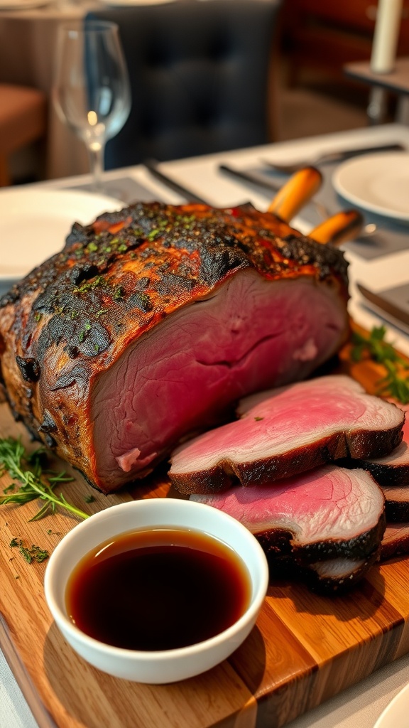 A prime rib roast sliced to show juicy pink meat served with a side of au jus on a wooden board.